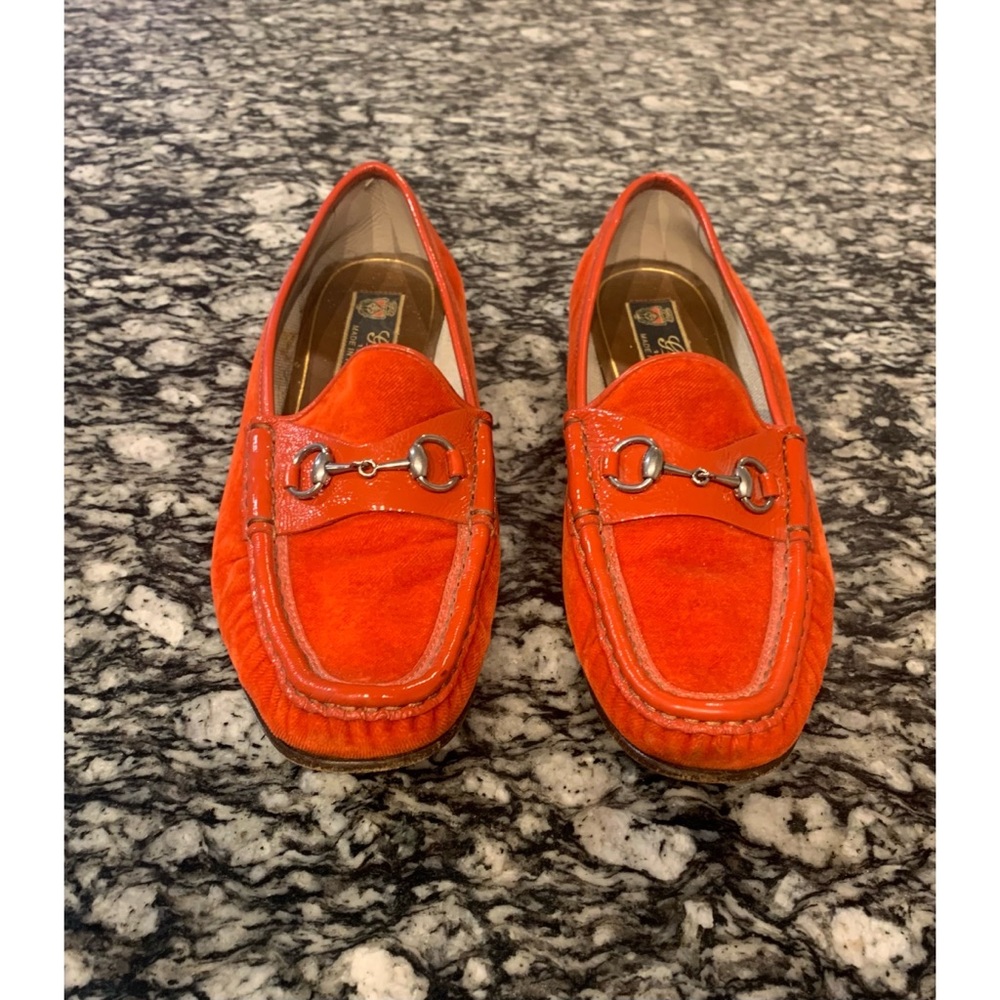 GUCCI Horsebit Patent Leather Brass Loafers Coral Orange Peach - Size 38